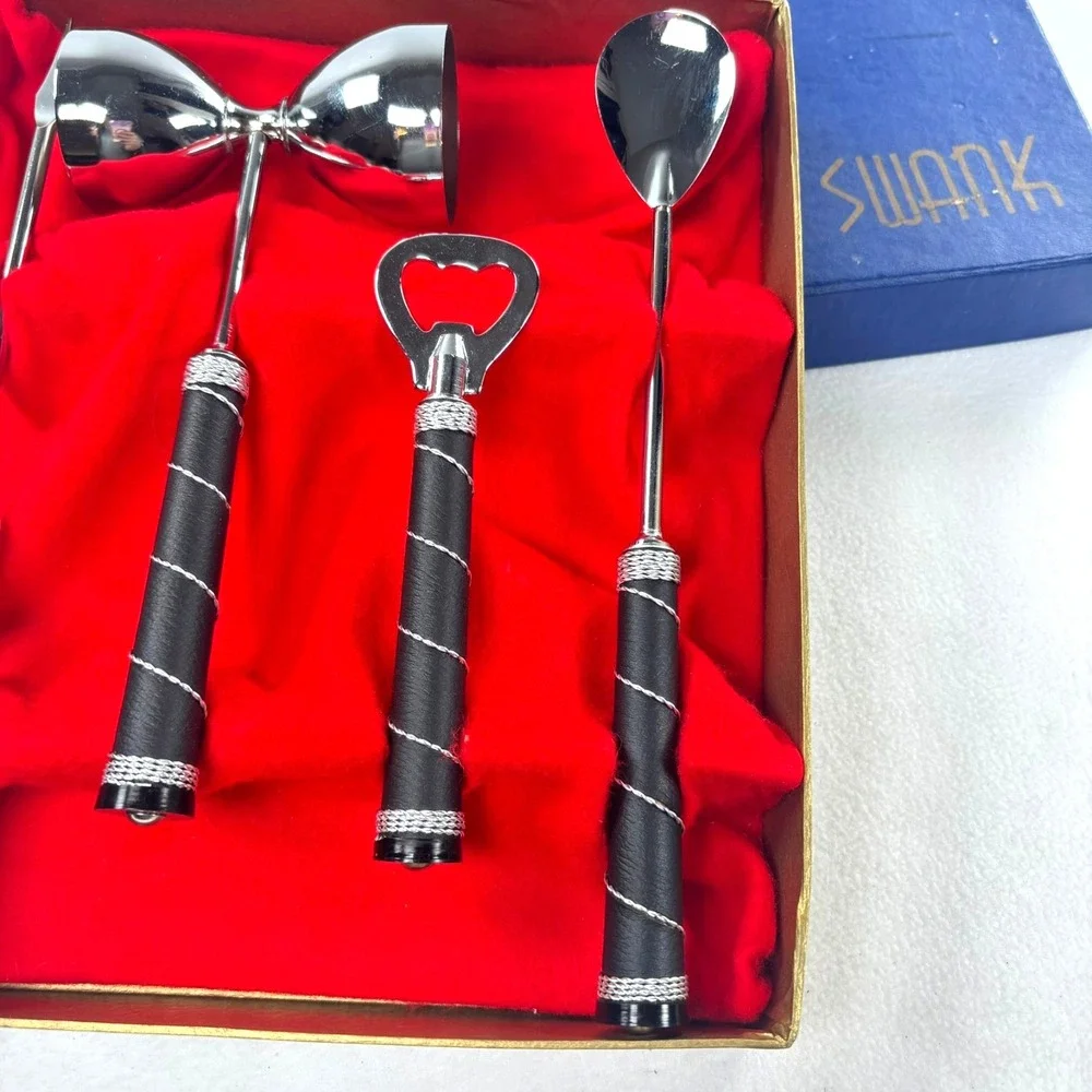 Swank Barware Set Unisex OS Silver Black Faux Leather Wrapped Mid Century Modern